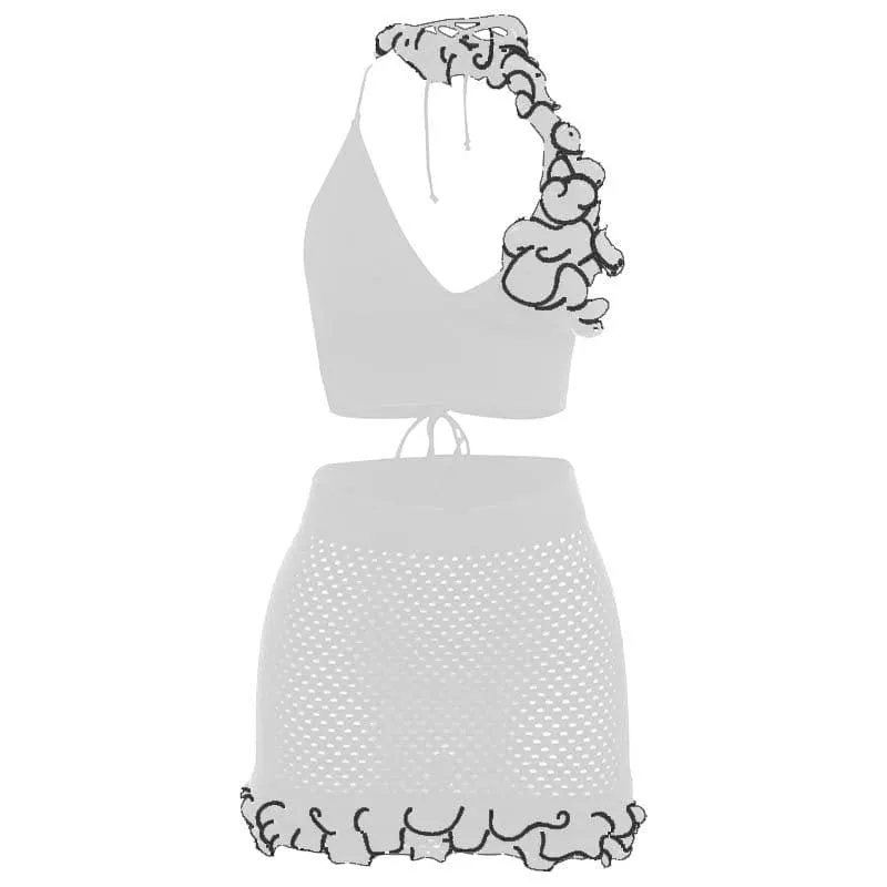 BerriesJam - Crochet Ruffle Halter Contrast V Neck Backless Mini Skirt Set