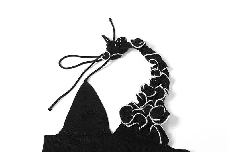BerriesJam - Crochet Ruffle Halter Contrast V Neck Backless Mini Skirt Set