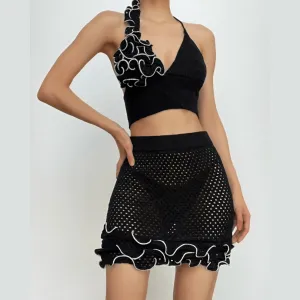 BerriesJam - Crochet Ruffle Halter Contrast V Neck Backless Mini Skirt Set