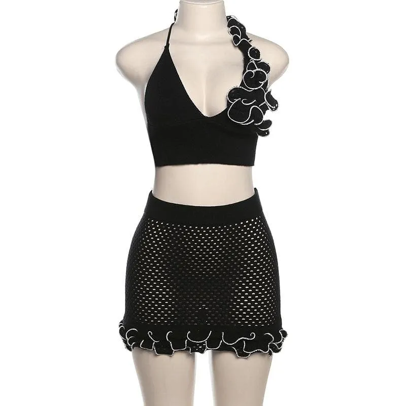 BerriesJam - Crochet Ruffle Halter Contrast V Neck Backless Mini Skirt Set
