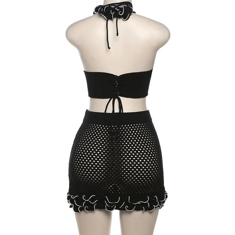 BerriesJam - Crochet Ruffle Halter Contrast V Neck Backless Mini Skirt Set