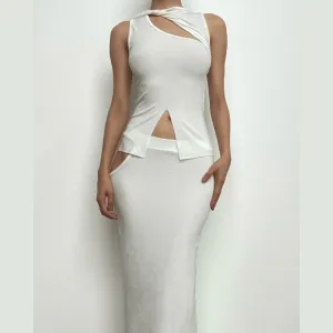 BerriesJam - Hollow Out Knotted Sleeveless Irregular Ribbed Maxi Skirt Set