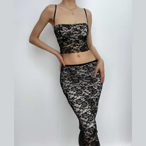 BerriesJam - Lace Button Backless Square Neck Cami Midi Skirt Set