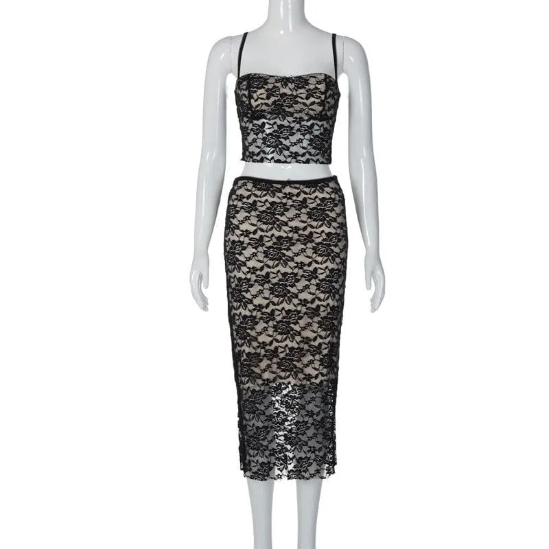 BerriesJam - Lace Button Backless Square Neck Cami Midi Skirt Set