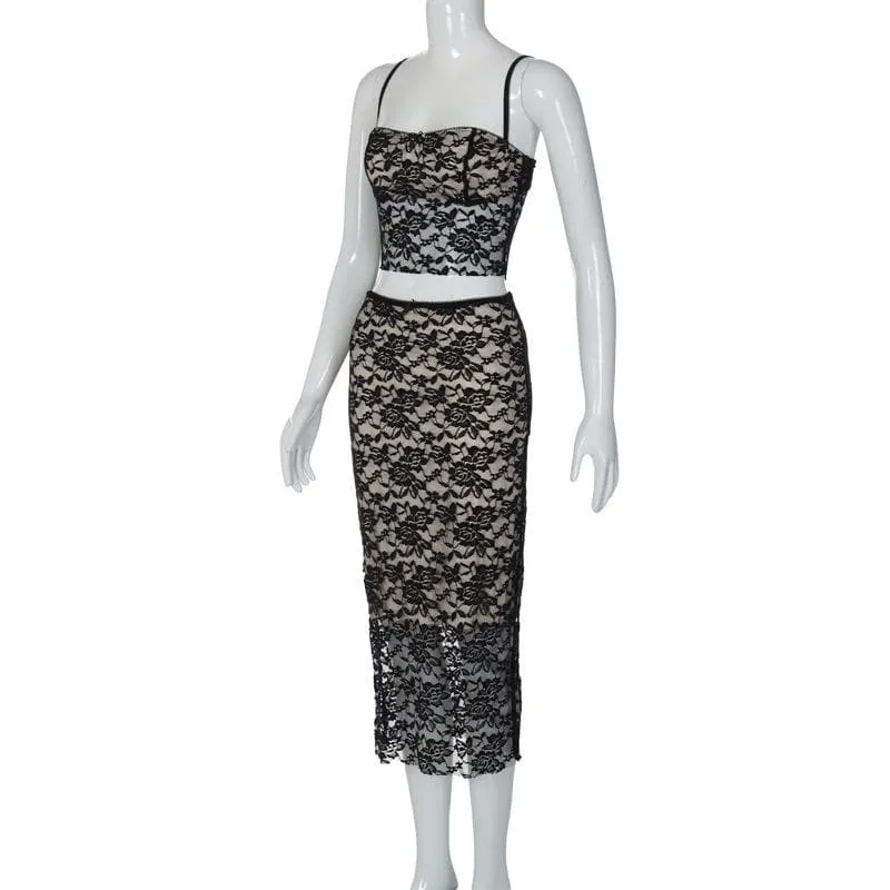BerriesJam - Lace Button Backless Square Neck Cami Midi Skirt Set