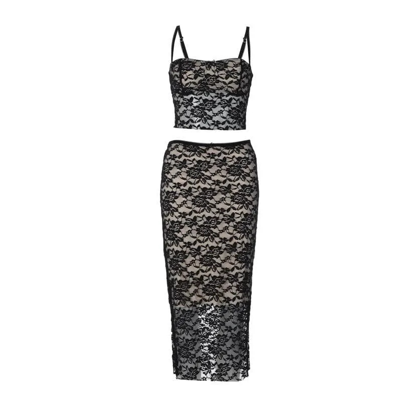 BerriesJam - Lace Button Backless Square Neck Cami Midi Skirt Set