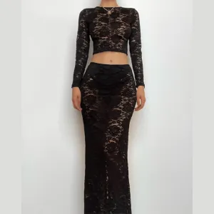 BerriesJam - Lace Sleeve Solid See Through Slit Maxi Skirt Set