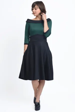 Deborah Flattering Long Sleeves Swing Tea Dress Green & Black