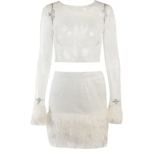 Feather long sleeve fishnet see through solid mini skirt set