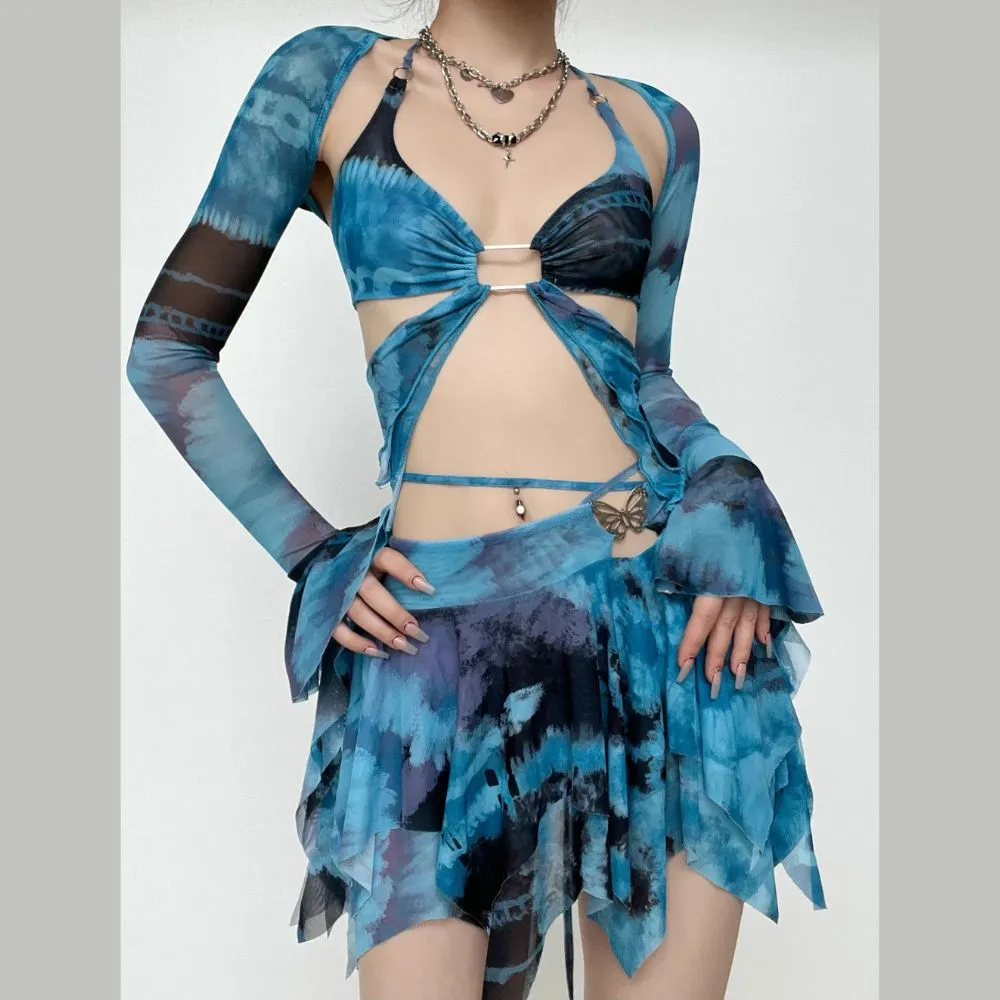 Flared sleeve tie dye o ring self tie halter low cut mini skirt set
