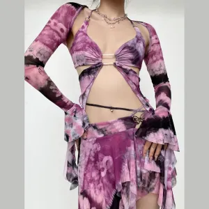 Flared sleeve tie dye o ring self tie halter low cut mini skirt set