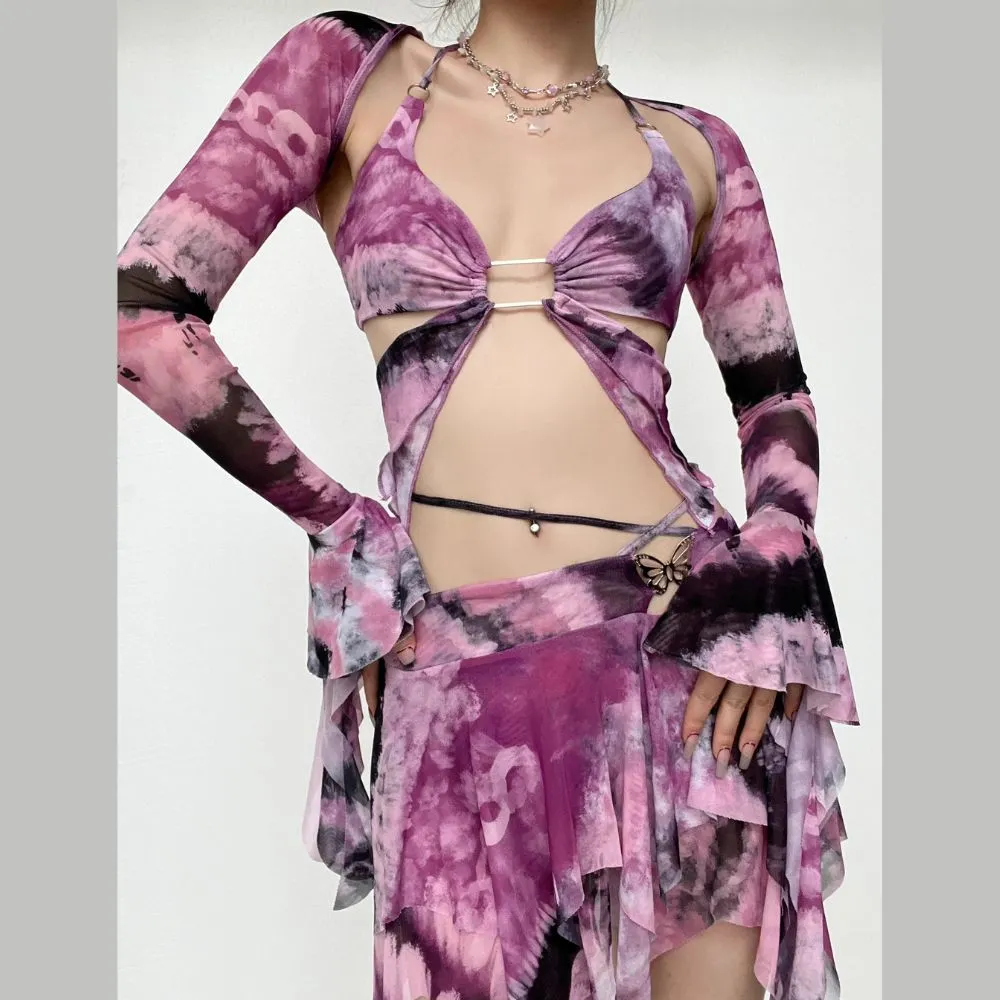 Flared sleeve tie dye o ring self tie halter low cut mini skirt set