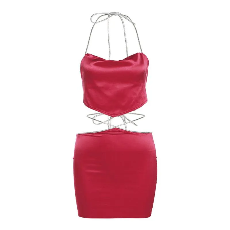 Halter self tie backless zip-up solid cowl neck mini skirt set y2k 90s Revival Techno Fashion