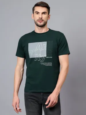 Men's Dark Green Printed Round Neck Half Sleeve T-shirt