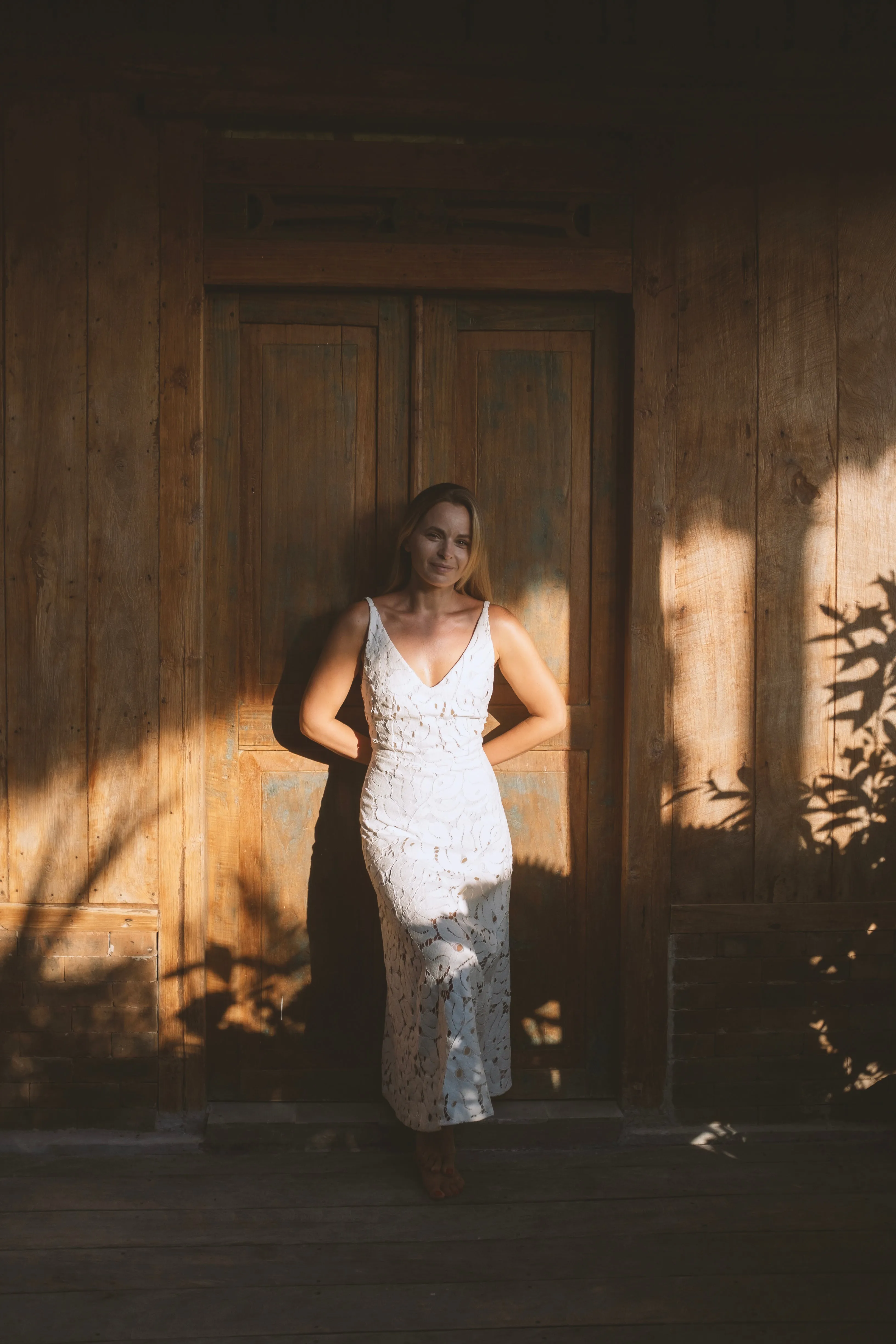ULLA white lace midi dress with flattering skirt